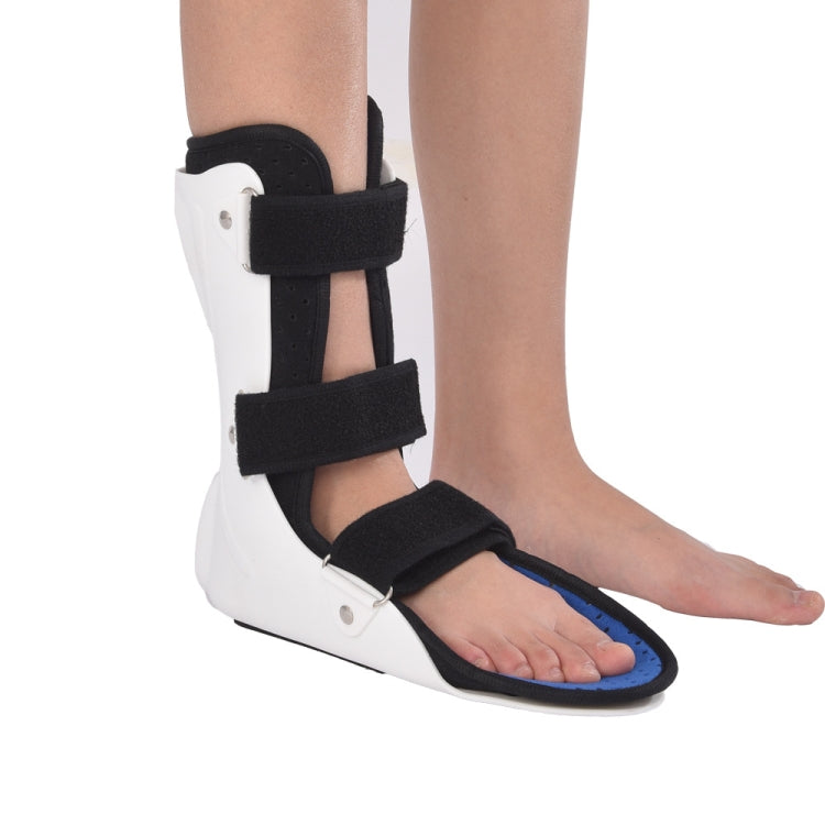 White ankle-foot brace with black straps and blue-trimmed foot opening, side view