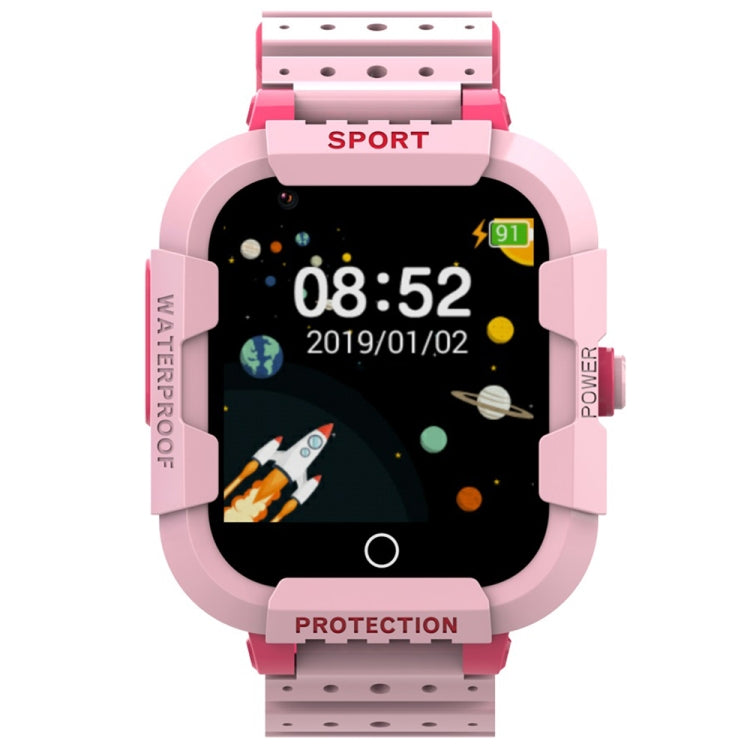 Pink children GPS smartwatch with touchscreen showing time and call-ready design.