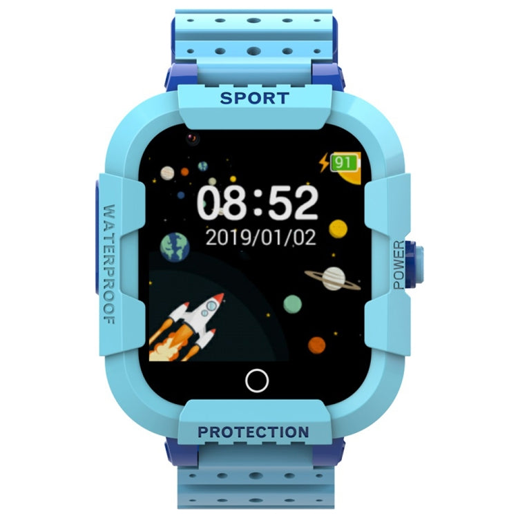Blue children GPS smartwatch with touchscreen showing time and sporty protective case.