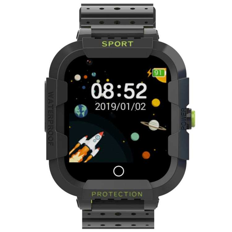 Black children GPS smartwatch with touchscreen showing time and rugged protective frame.