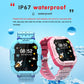 Blue and pink kids GPS smartwatches with water-splash scene and waterproof design.