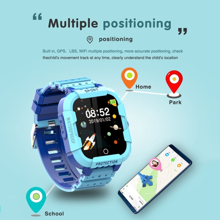 Blue kids GPS smartwatch with screen showing time and multi-location pin map.