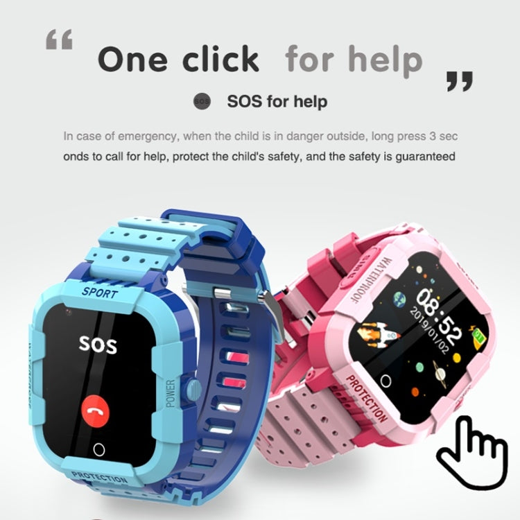 Blue and pink kids smartwatches with side SOS button and illuminated displays.