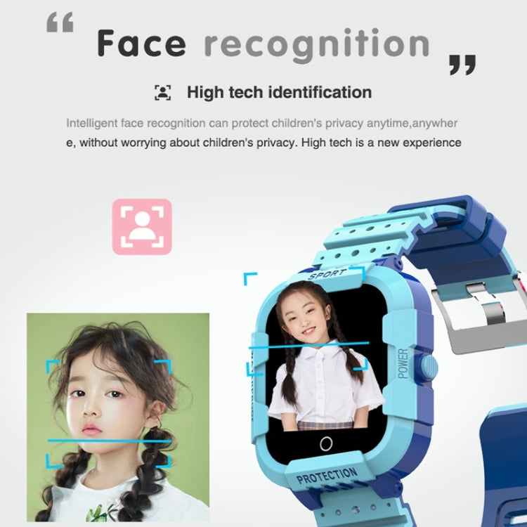 Blue kids GPS smartwatch with screen showing face recognition guide and camera view.