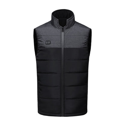 Two-tone black and dark gray heated sleeveless vest, stand collar, zip front, control button