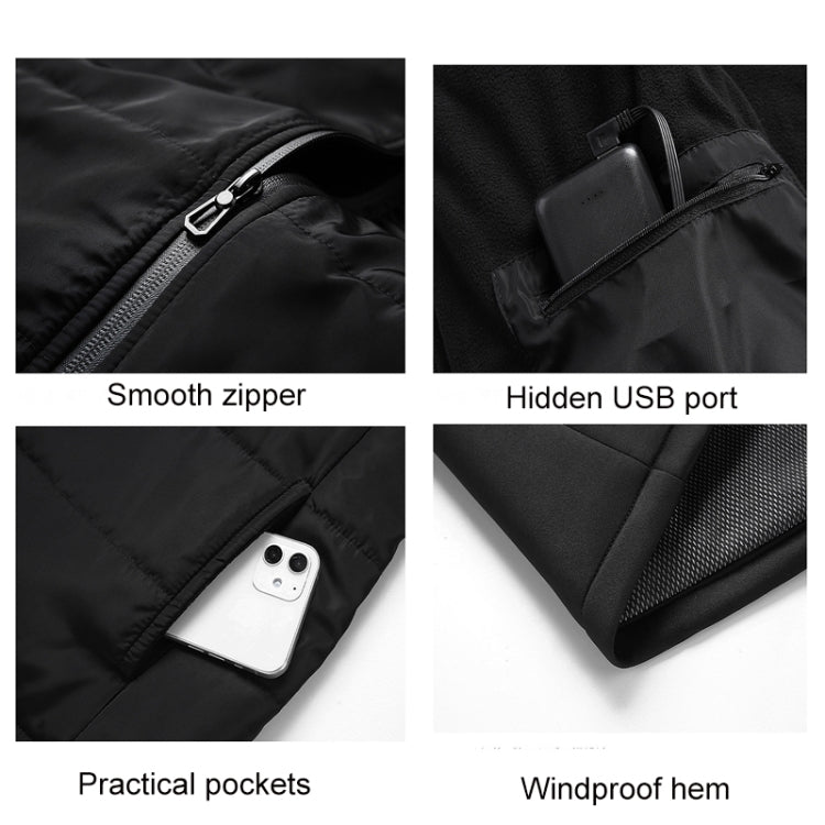 Heated vest details: smooth zipper, hidden USB port, practical pockets, windproof hem