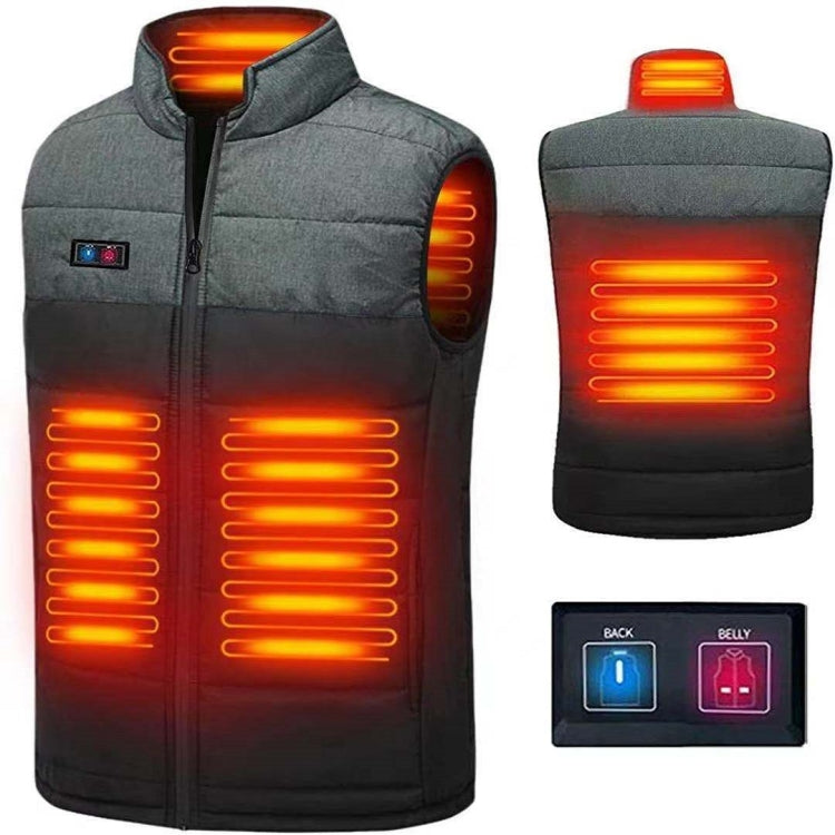 Heated cotton vest with zip front and illuminated heating zones on gray quilted body
