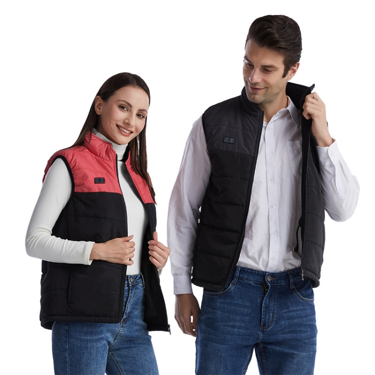 Heated quilted sleeveless vest with zip front, worn over shirts by two people
