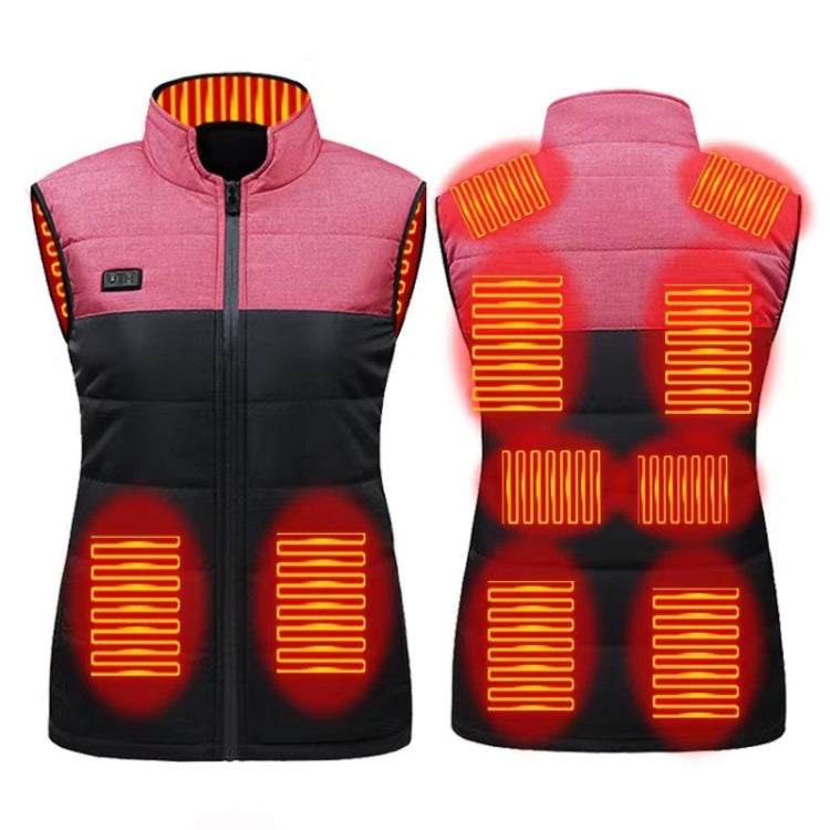 Heated electric vest with pink fabric and black lower panel; glowing heating grid shown