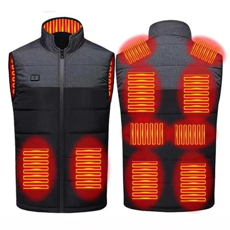 Heated gray vest front and back featuring bright orange grid heating pattern