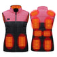 Heated electric vest, pink stand-collar style; front and back heating lines glow