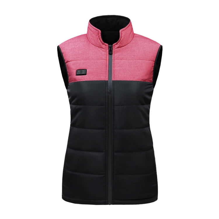 Heated cotton vest with stand collar, full-zip front, quilted panel, pink and black