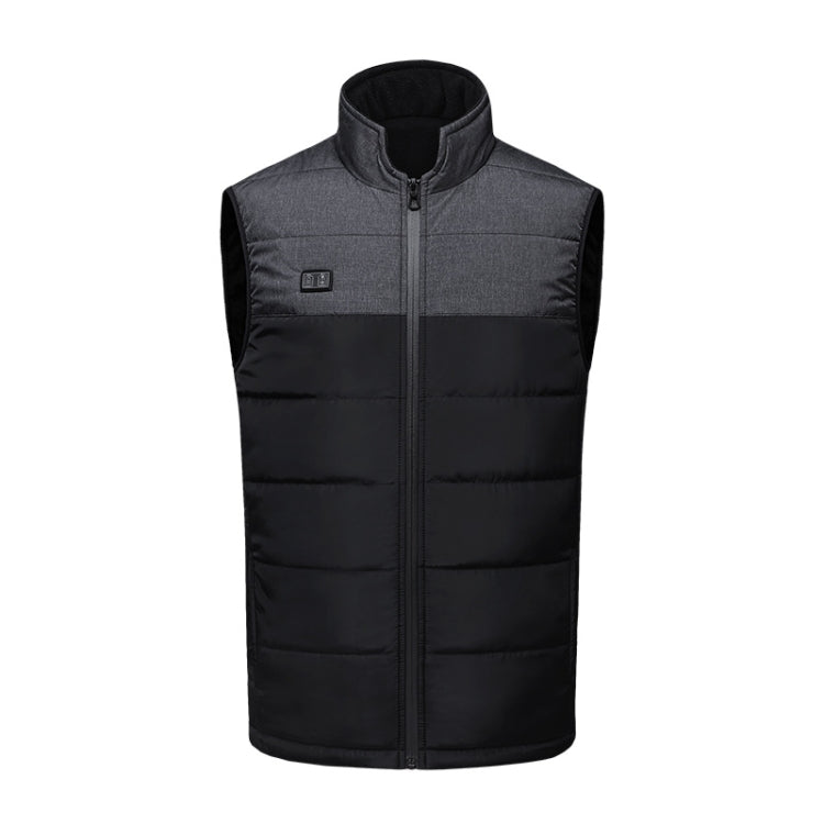 Heated cotton vest with stand collar, full-zip front, quilted panel, gray and black