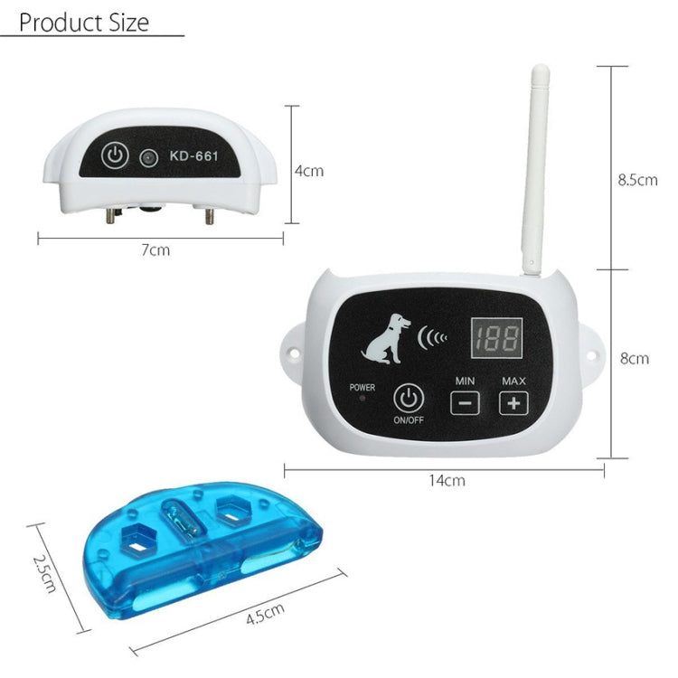 Wireless dog fence shock collar transmitter and receiver size diagram with antenna