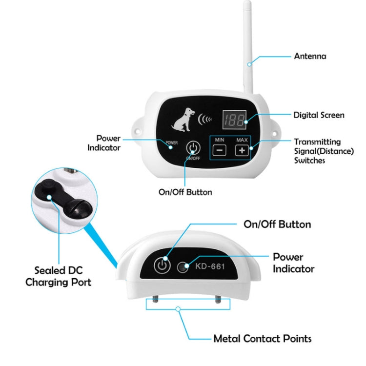 Wireless dog fence shock collar transmitter with digital screen, buttons, and charging port