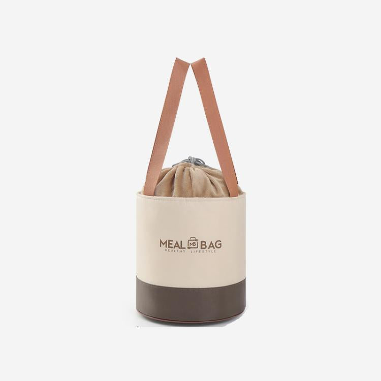 Round insulated lunch bag with drawstring and two carry handles, beige and dark brown