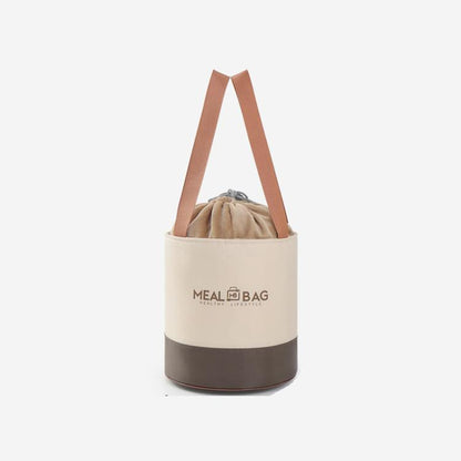 Round insulated lunch bag with drawstring and two carry handles, beige and dark brown