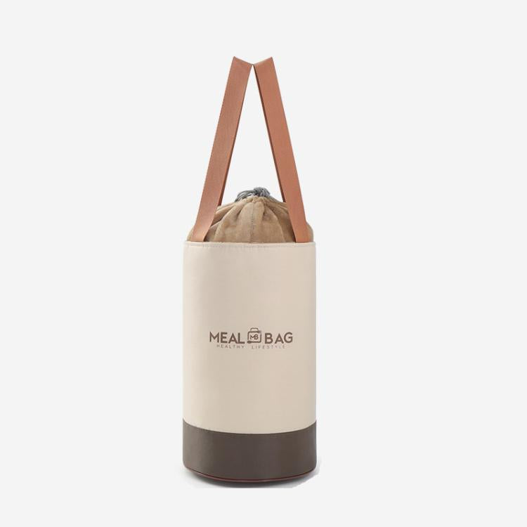 Insulated lunch bag, round drawstring top with two handles, beige body and dark base