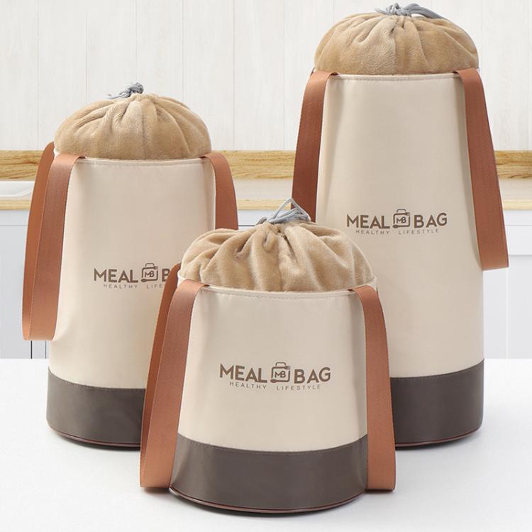 Set of round insulated lunch bags with drawstring tops and brown-trim handles