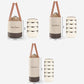 Round insulated lunch bag size diagram with handle and drawstring, beige and dark brown
