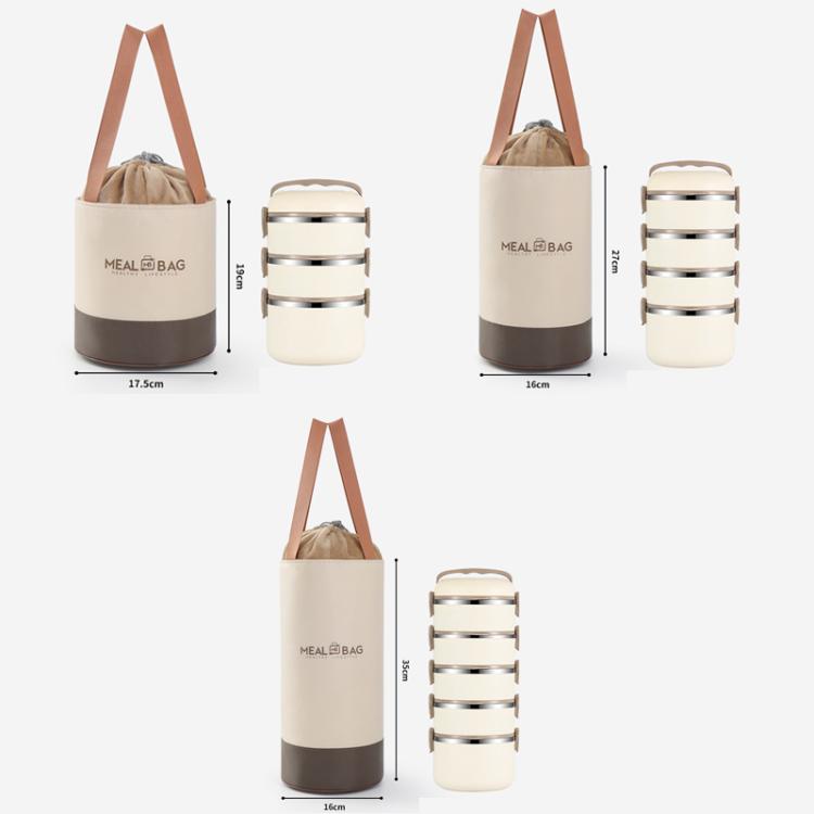 Round insulated lunch bag size diagram with handle and drawstring, beige and dark brown