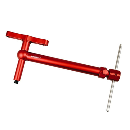 Red bicycle wheel change tool with rear tail hook and support rods