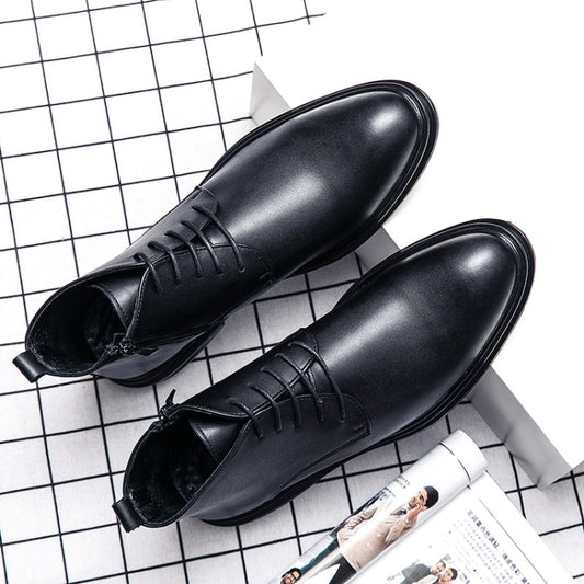 Men's pointed leather lace-up shoes, black, glossy finish, boot height