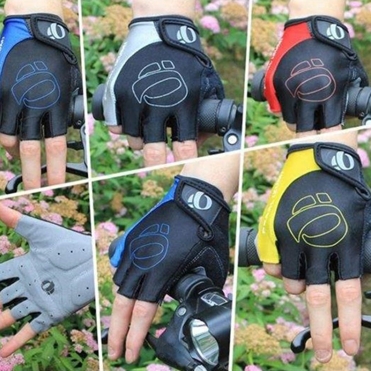 Hands wearing half-finger cycling gloves in blue, black, and yellow colorways