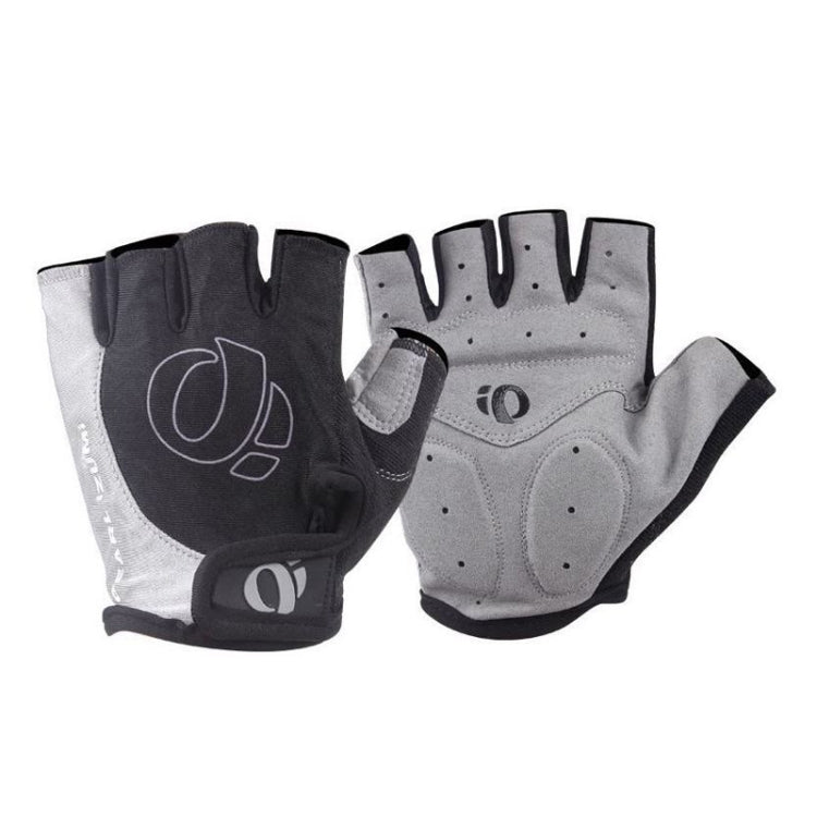 Pair of half-finger cycling gloves, black and light gray, textured palms and knuckle padding
