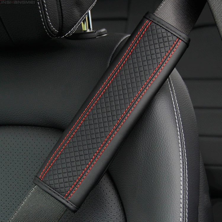 Car seat belt shoulder cover protector in dark textured leather with red double stitching