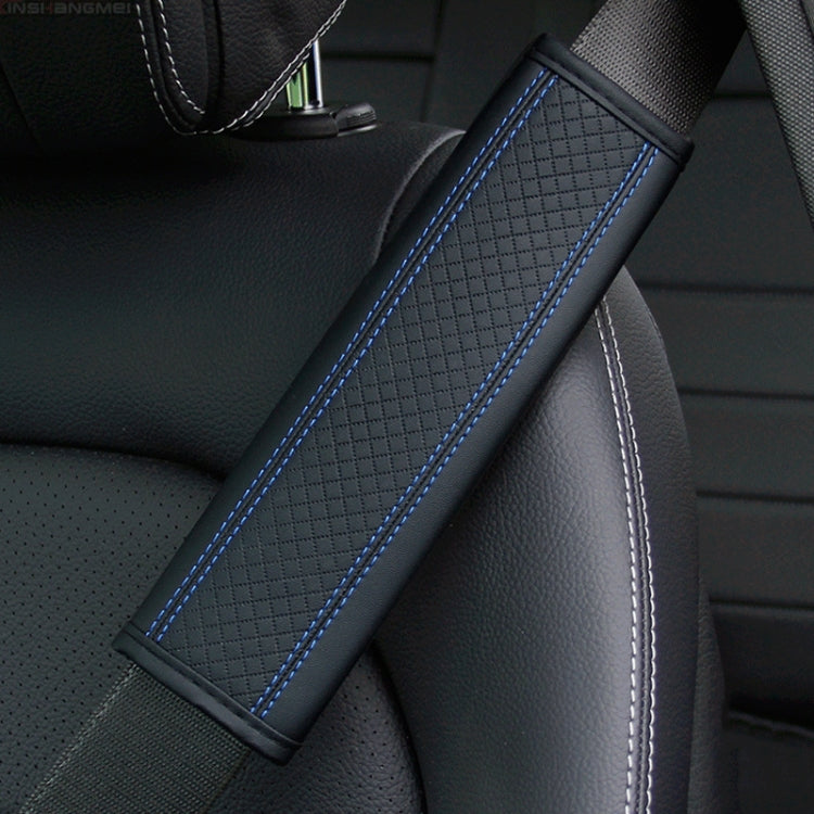 Car seat belt shoulder cover protector in dark textured leather with blue double stitching