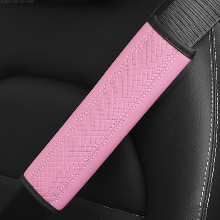 Car seat belt shoulder cover protector in pink textured leather with light pink edge stitching