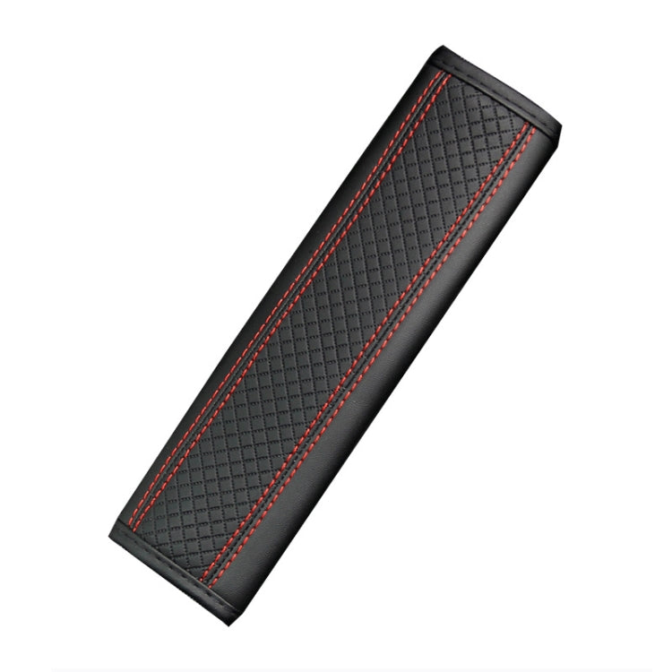 Car seat belt shoulder cover protector in dark textured leather with red double stitching