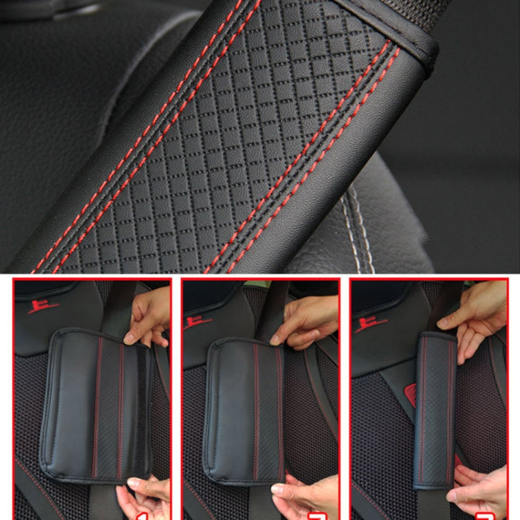 Black embossed leather seat belt shoulder cover with red stitching, 6.5x23cm