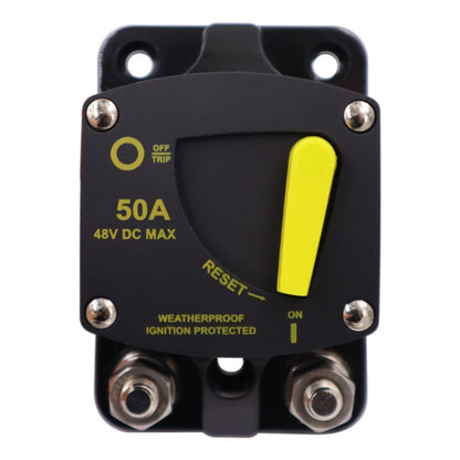 50A DC max circuit breaker switch with yellow reset lever, black housing, terminals