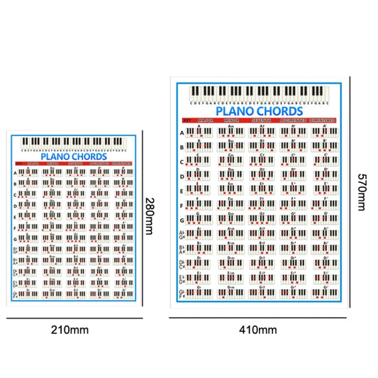 Two-size piano chord chart set with blue frame and printed chord fingering grid