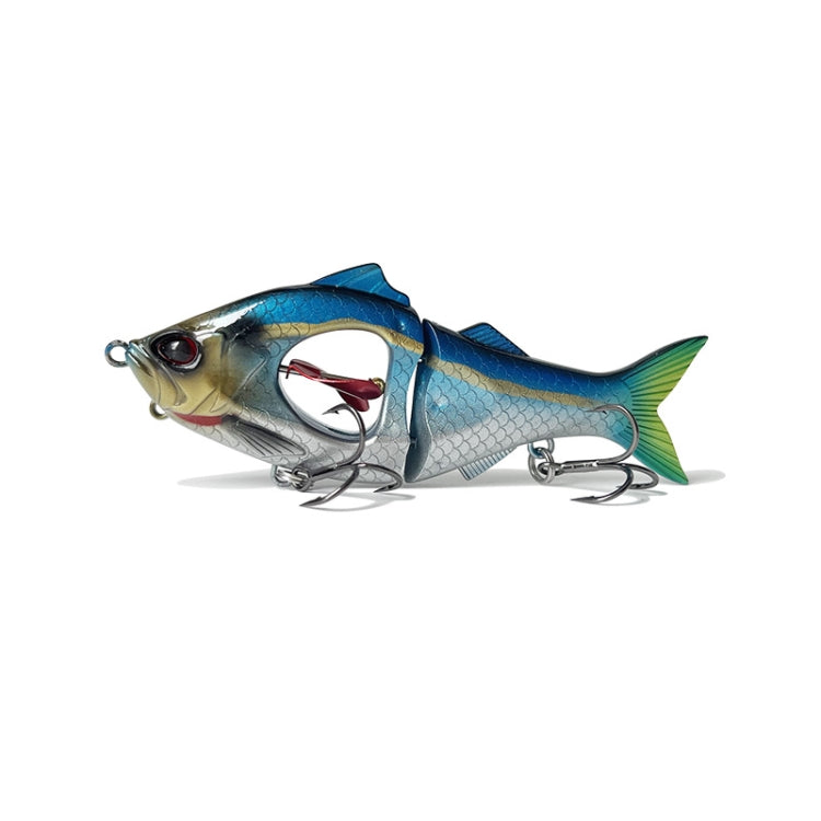 Multisection fishing lure in blue-silver with patterned scales, green tail accents, metal hooks