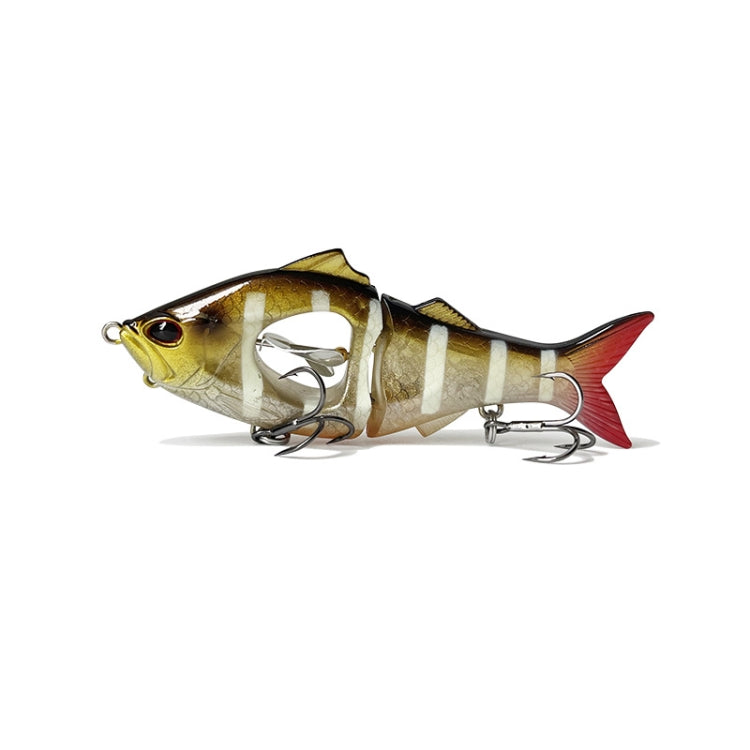 Multisection fishing lure in gold and cream stripes, red tail fin, metal hooks