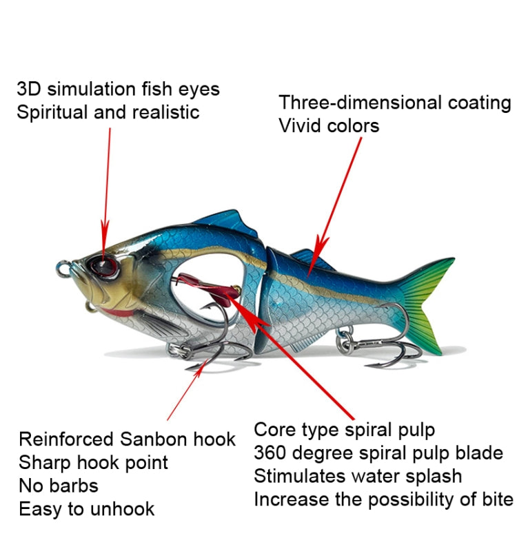 Blue multi-section fishing lure with 3D fish eyes and metal treble hooks