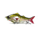 Multisection fishing lure in yellow-green with speckled pattern, red tail, metal hooks