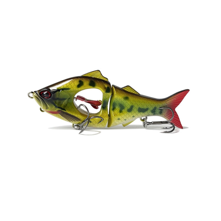 Multisection fishing lure in yellow-green with darker spots, red tail, metal hooks