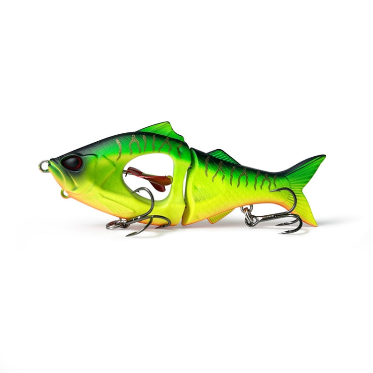Lime green multi-section fishing lure with red eye and metal treble hooks