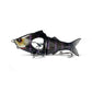 Purple and black multi-section fishing lure with red eye and metal treble hooks