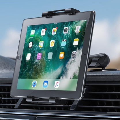 Car dashboard phone holder with folding tablet clamp and vent mount, black