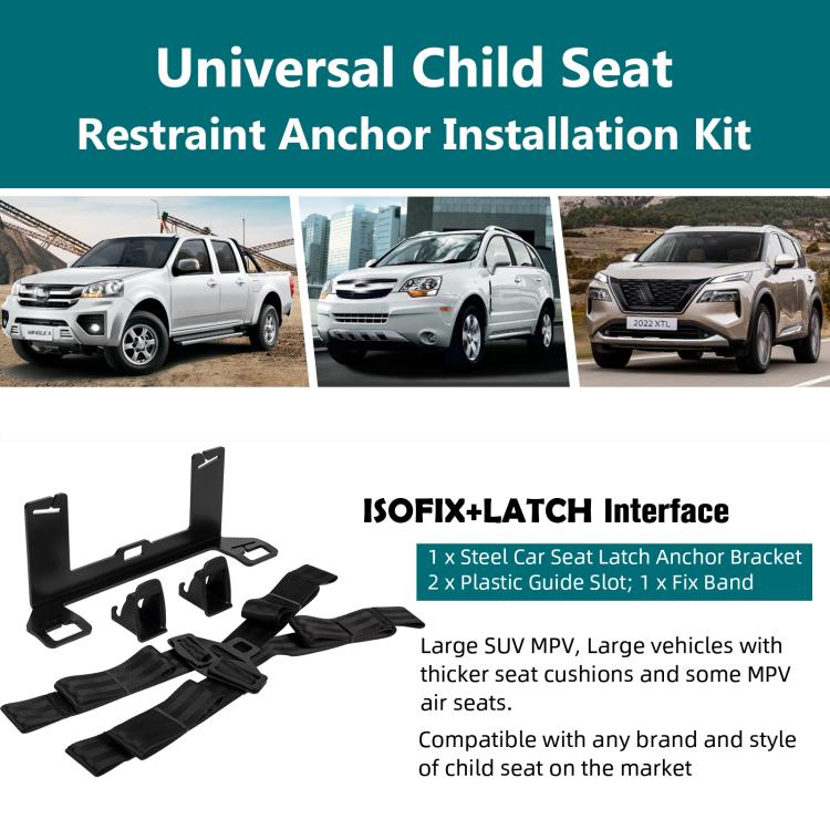Universal child seat restraint anchor interface kit: metal bracket, plastic guides, strap set