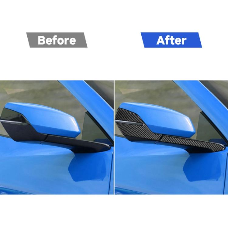 Rearview mirror before-and-after with carbon-fiber look scratch protection sticker trim