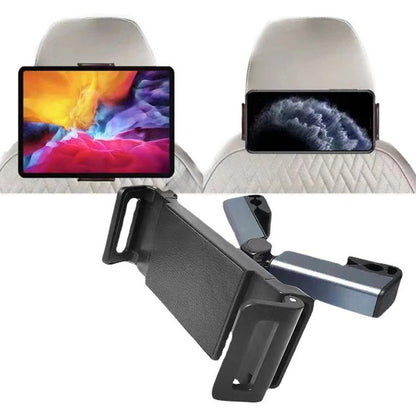 Car rear headrest phone tablet bracket with rotatable arm and adjustable clamp