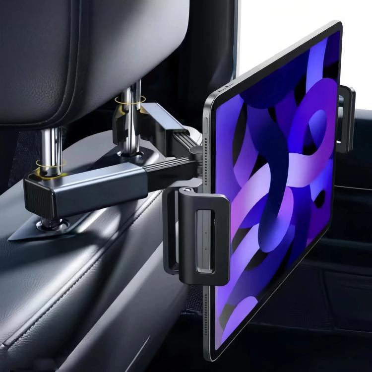 Car headrest mount phone holder with side clamp and pivoting base