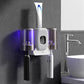 Wall-mounted UV toothbrush sanitizer rack with white housing and chrome holders