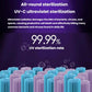 UV-C sterilization graphic with 99.99% rate over dense bristle-like columns